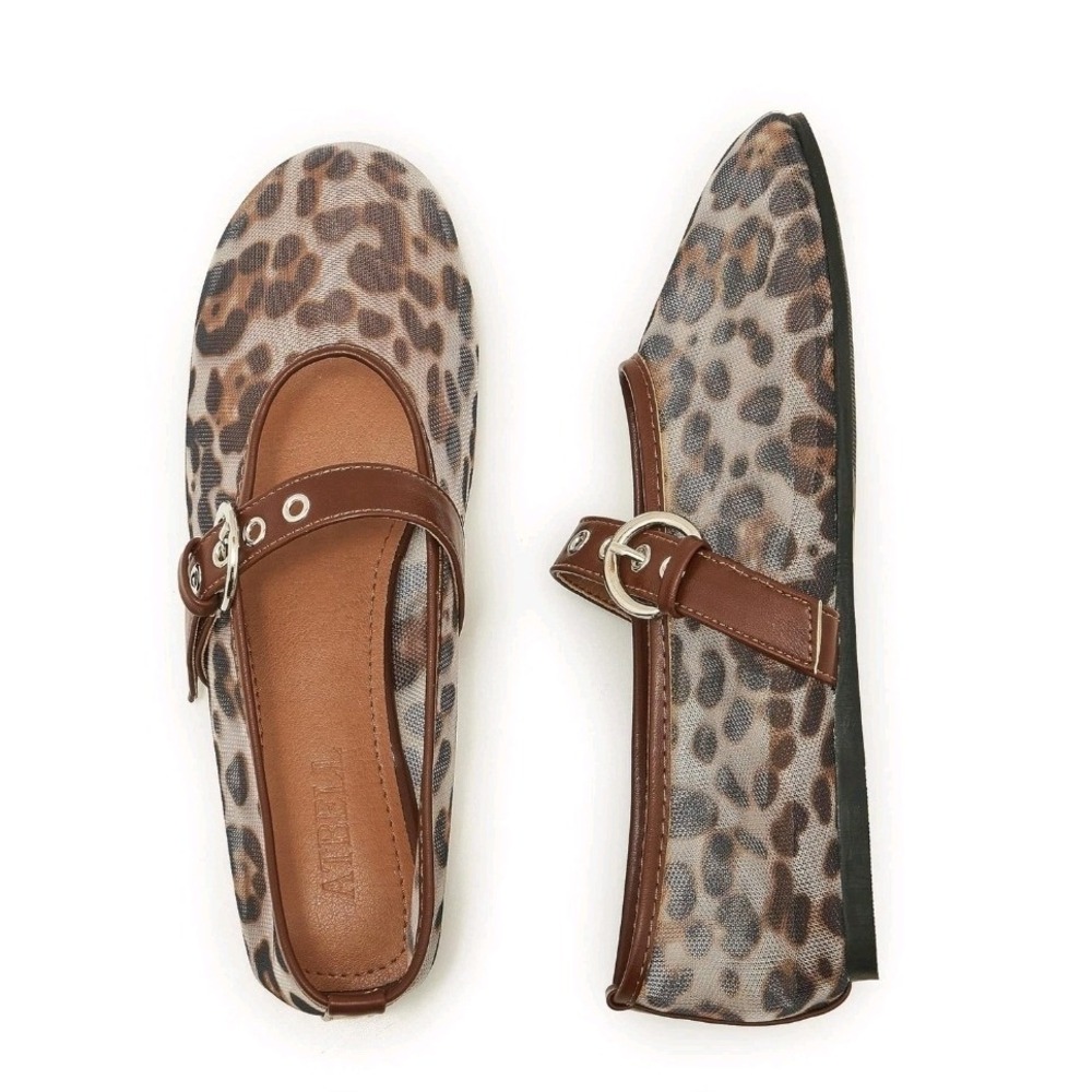 Atbell Leopard Print Mesh Mary Jane Flats Brown Shoes Size 42 (10.5)